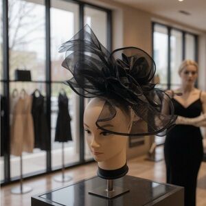 Stunning Black Tule & Feather Fascinator Headband Clip Church Derby Hat EUC